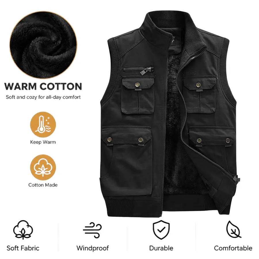 100% pure cotton men’s practical vest, warm inner lining outdoor work vest, multi-pocket fishing and hiking vest, casual sleeveless vest