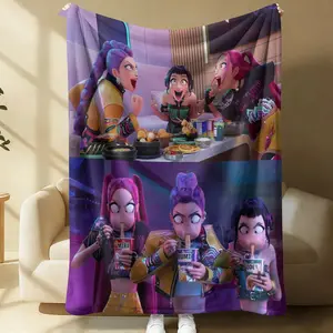 K-pop Chibi Girl Group Throw Blanket, Funny Anime Idol Food Scene Flannel Blanket, Cute MIRARUMI & ZOEY Print Blanket for Fans, Lightweight Soft Blanket for Bed Sofa Couch, Perfect Gift for K-pop & Anime Lovers