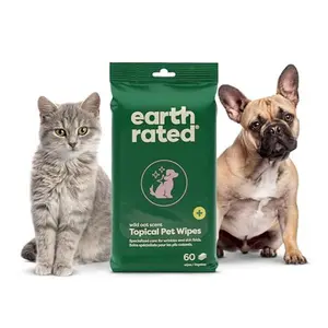 Earth Rated | Topical Pet Wipes for Dogs & Cats, 60 Count, Wild Oat Scent, Aids in Hot Spots & Cat Acne Relief, Gentle Formula, FSC-Certified, Cruelty-Free, Ideal for Sensitive Areas - Paws