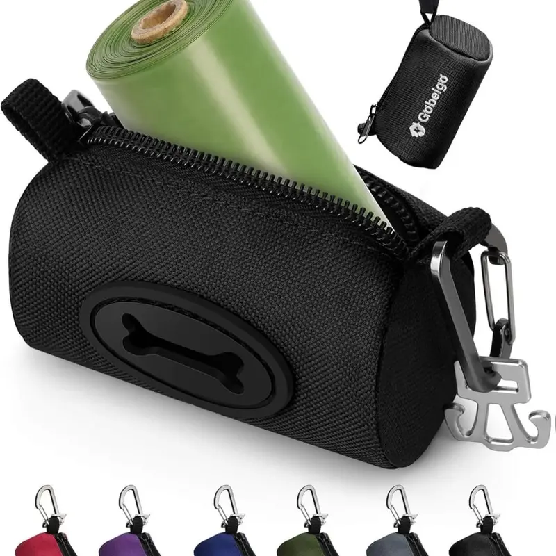 Black Polyester Dog Poop Bag Holder for Retractable Leash - Bone Shape Large Opening, 15 Unscented Bags, Silent Walking, Durable Easy-Dispensing Organized Single Item Dispenser, Metal Clip & Carabiner, Easy Access, Dog Walking Essential