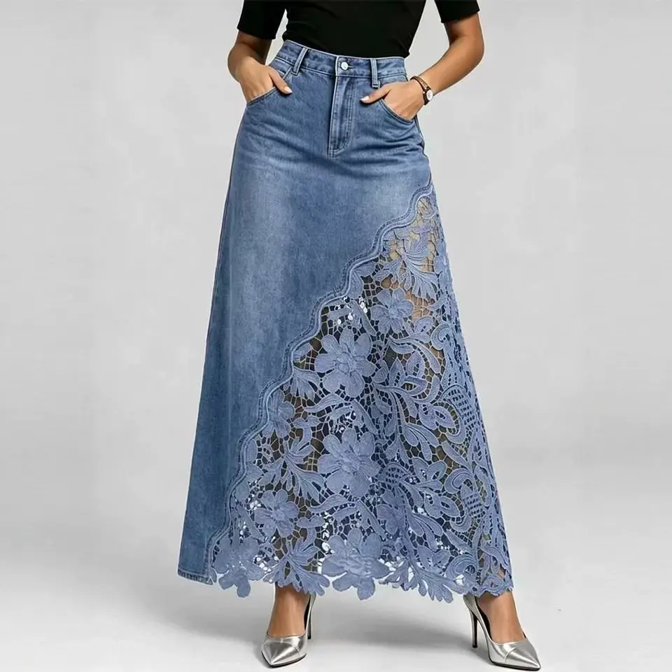 ChicCurve Women's Trendy High Waisted Denim Maxi Skirt, Elegant Floral Lace Patchwork Long Skirt, Stylish Slim-Fitting A-Line Jean Skirt with Pockets for Casual, Vacation & Chic Street Outfits
