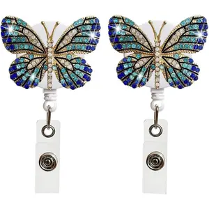 2 count Butterfly Rhinestones Retractable Badge Reel,Bling  Badge Holder Reels with Swivel  Clip for Nurse Teachers Volunteers Employees  Supplies (Blue and  Blue)