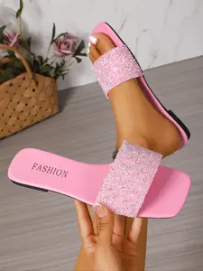 Fashion Women's Rhinestone Slippers, PU Leather Sandals, Elegant Sandals, Casual Indoor Outdoor Wear, Pointed Toe Open Toe Flat Sole, Summer Beach Shoes, Fashionable Pu Slides