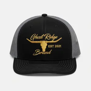 Richardson 112 Trucker Hat – Ghost Ridge Longhorn Skull Embroidery Snapback Cap with EST 2021 Script, Adjustable Mesh Back Streetwear Hat for Men & Women, Western Outdoor Style