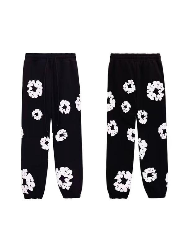 Autumn Winter Retro Floral Hip-Hop Loose Casual Pants, Casual Streetwear Trousers, Elastic Waist Pocket Sweatpants, Unisex Ring Design, Suitable for Fall & Winter