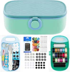 Sewing Project Kit, 140 count Travel Family Sewing Supplies Repair Kit Portable Small Traveler Sewing Kit Sewing Thread Accessories DIY Sewing Supplies Organizer (Green Blue Sewing Kit)