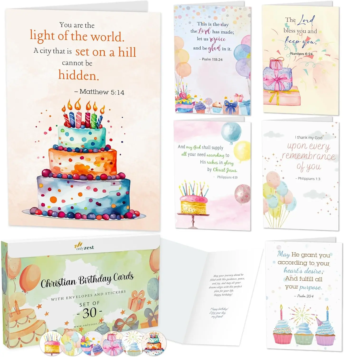30 Pack Religious Birthday Cards with Envelopes & Stickers, 4 x 6 | Inspirational Christian Card Set with Bible Verses Inside, Bulk Boxed Greetings for Women & Men with Faith-Filled Messages