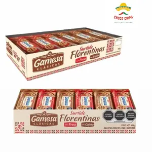 Box of Florentinas Gamesa Strawberry and Cajeta flavor. Box comes with 12 packs of 83 grams each. 6 cajeta and 6 strawberry