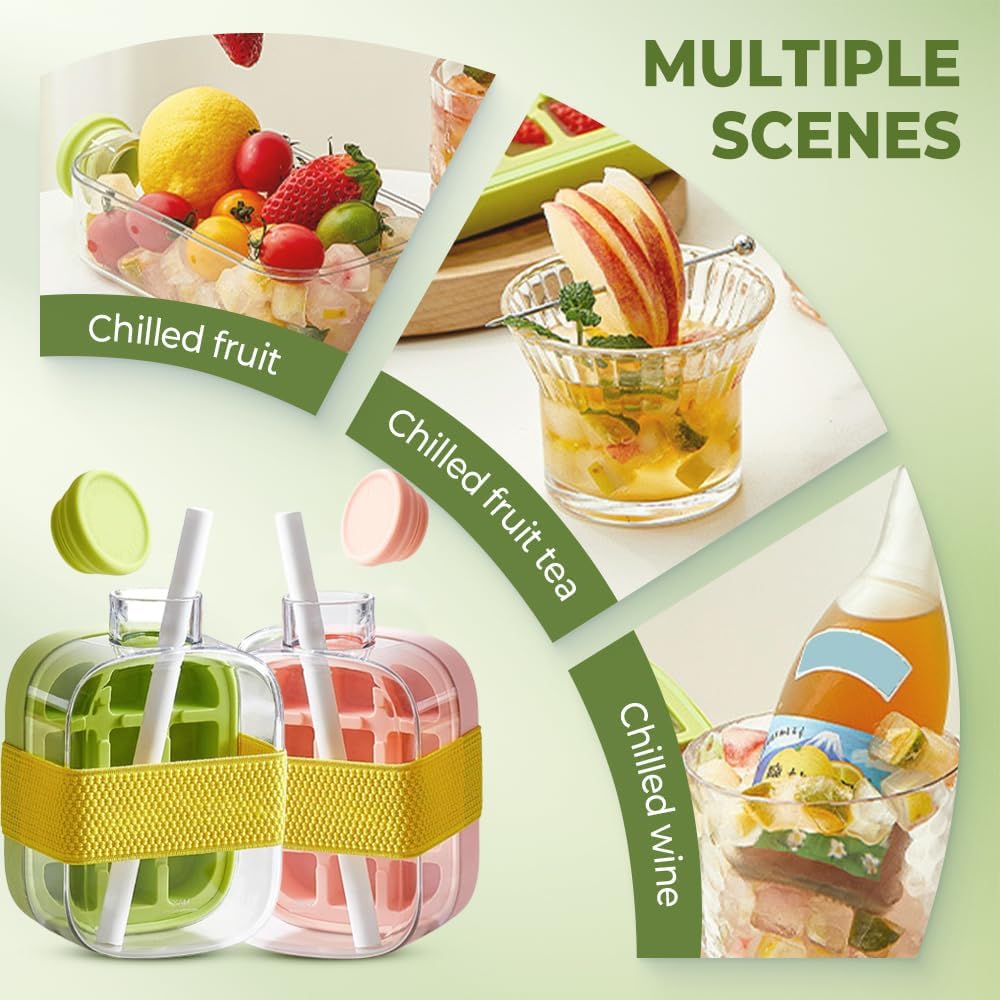 Ice Cube Bottle,2 in 1 Touch-Free Ice Cube Tray Water Bottle with Lid and Bin,Comes with Straw and Carrier,Perfect for Juice,Coffee,Soda and Other Beverages,Easy Press Ice Tray Water Bottle,Leak Proof Lid,Vertical Ice Maker for Freezer,Travel,Gym&Home Use