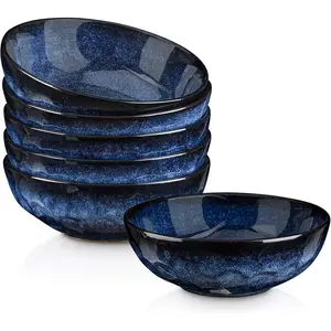 Ceramic Salad Bowls Set for Kitchen, Serving - 32 Ounce Soup Bowls, Pasta Bowls, Chip Resistant, Dishwasher Microwave Safe, Large, Fluted, stoneware, Set of 6 (Blue)