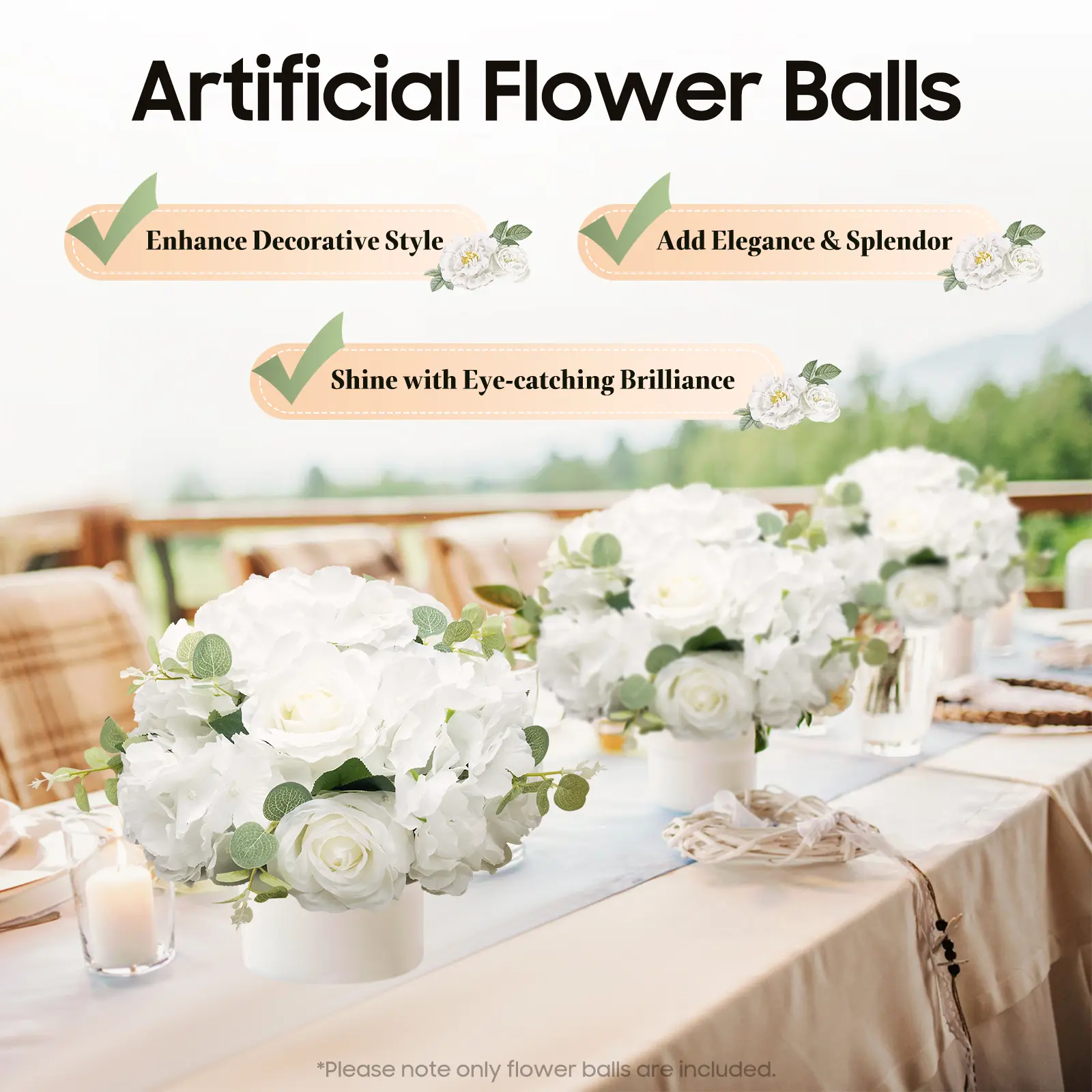 6Pcs White Artificial Silk Hydrangea & Rose Flower Balls - Plastic PVC Flowers, Home Decor Accessory, Decorative Ornaments for Wedding, Home Table Decor, Flower Arrangement, Outdoor Artificial Flowers