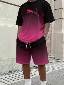 Men's spring and summer casual short-sleeve suits, trendy and fashionable short-sleeve suits with black-pink gradient jaguar logo prints, vacation-style trendy outfits, breathable sports and casual style, the perfect holiday gift for men