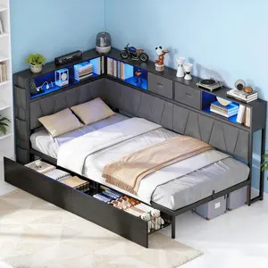 Twin XL Corner Bed Frame with Storage Bookcase, Charging Station, LED Light & Underbed Drawers – Kids’ Indoor Bedroom Furniture Organizer Platform Bed Unit