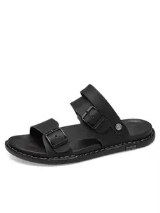 Men & Women's Minimalist Black Slides, Double Buckle Design, Foot-Fitting Lightweight Non-Stuffy, Home Casual, Beach Vacations