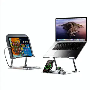 Silver Aluminum Laptop Stand with QI2 3-in-1 Wireless Charger | Ergonomic Adjustable Riser for 10–17.3” Laptops MacBook Air Pro Dell HP | Charges iPhone iPad iWatch AirPods | Cool Desk Setup Must-Have for Students & Office