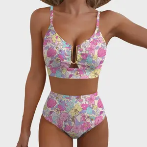 High Waisted Floral Bikini Set for Women - V Neck Adjustable Straps Tummy Control Removable Pad Swimwear