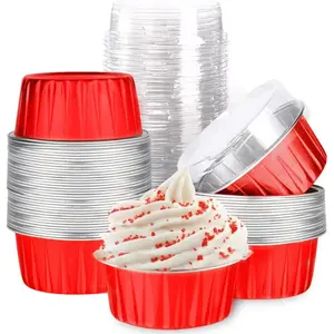 Mini Aluminum Foil Cupcake Baking Cups with Lids (30pcs, 5oz) Round Cupcake Foil Liners Tart Pie Tin Pan Holder - Disposable Mini Cake Containers Flan Molds for Pudding, Souffle, Party, Wedding
