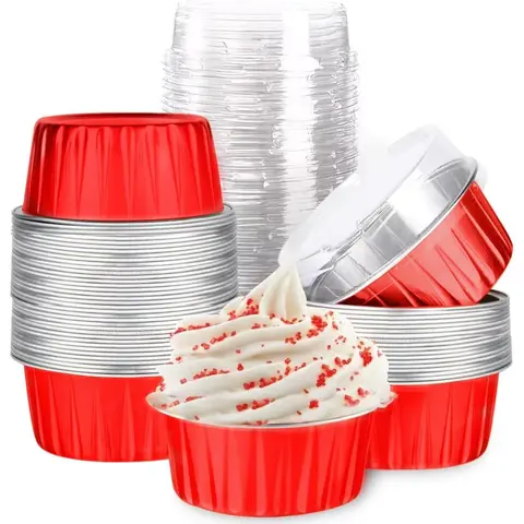 30pcs 5oz Round Corrosion-Resistant Disposable Aluminium Baking Cups with Lids - Baking Utensils Supplies, Ring Mold, Non-Slip Kitchen Bakeware, 30 Mini Portions, Ideal for Souffles, 30pcs for Parties, Cuts Cleanup Effort
