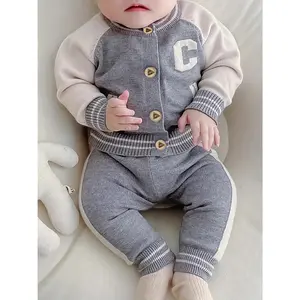 NewNewborn Boy Spring/Autumn Outfit Set    2-Piece Lettered Cardigan + Knit Long Pants – Stylish & Cozy for Outdoor Strolls! Adorable Infant Sweater Set, Soft for Daily Wear ✨