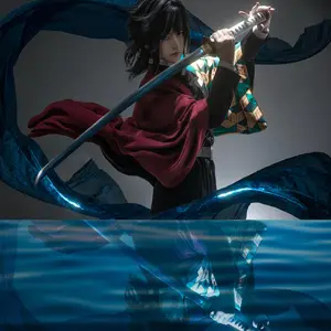 HOLOUN Anime Tomioka Giyuu Cosplay Costume Wig Haori Embroidery Top Elastic Pants Belt Rose Net Cos Halloween Christmas