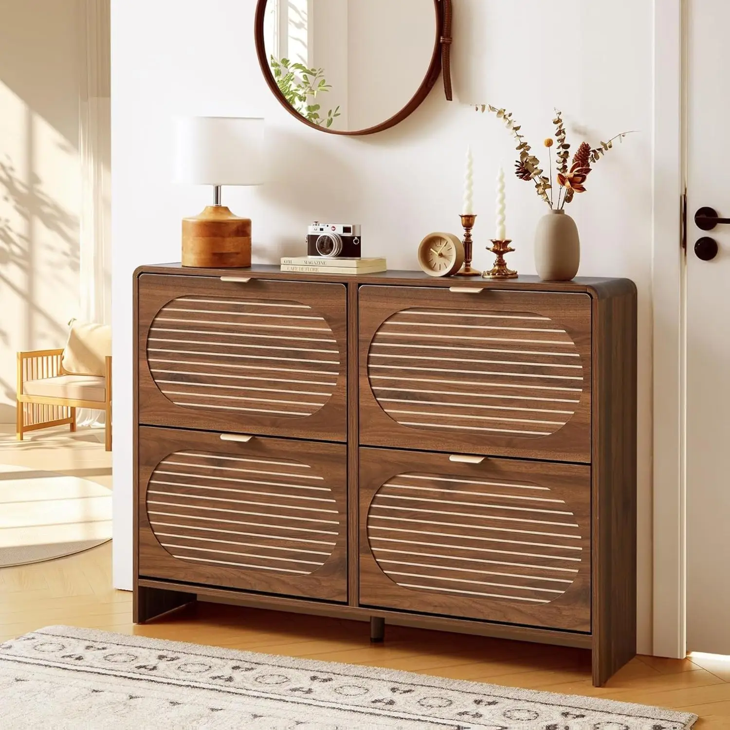 Giratree 47.24" Narrow Shoe Storage Cabinet for Entryway with 4 Flip Drawers, Curved Edge Shoe Cabinet with Arched Stripe Panel, Freestanding Wood Sho