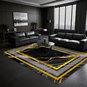 Black & Gold Frame Pattern Modern Carpet, Rectangle Home Decorative Mat, Non-slip Floor Mat for Living Room Bedroom Hotel Coffee Shop