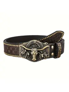 Men's Western Cowboy Style Bull Head Belt | Vintage Rivet-Detailed Embossed Leather Fashion Accessory Bling Western Belt