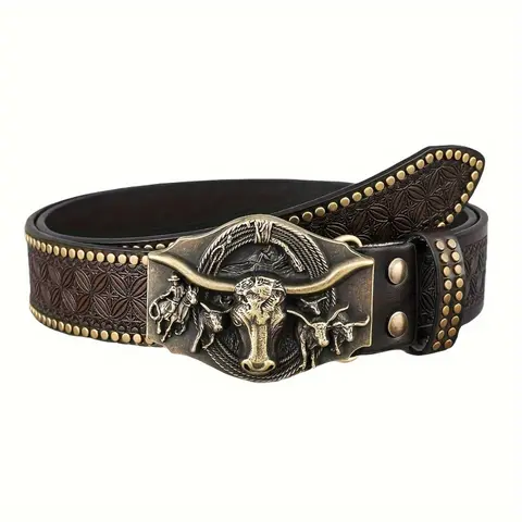 Men's Western Cowboy Style Bull Head Belt | Vintage Rivet-Detailed Embossed Leather Fashion Accessory Bling Western Belt With Buckle Stylish Belts Rivet Decorated Belt