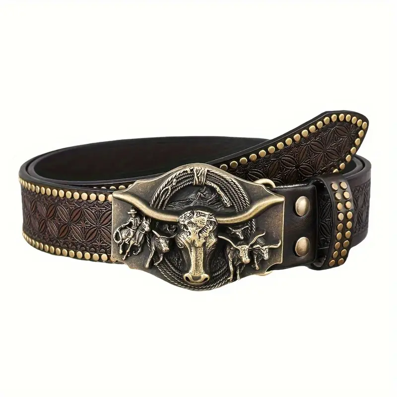 Men's Western Cowboy Style Bull Head Belt | Vintage Rivet-Detailed Embossed Leather Fashion Accessory Bling Western Belt With Buckle Stylish Belts Rivet Decorated Belt
