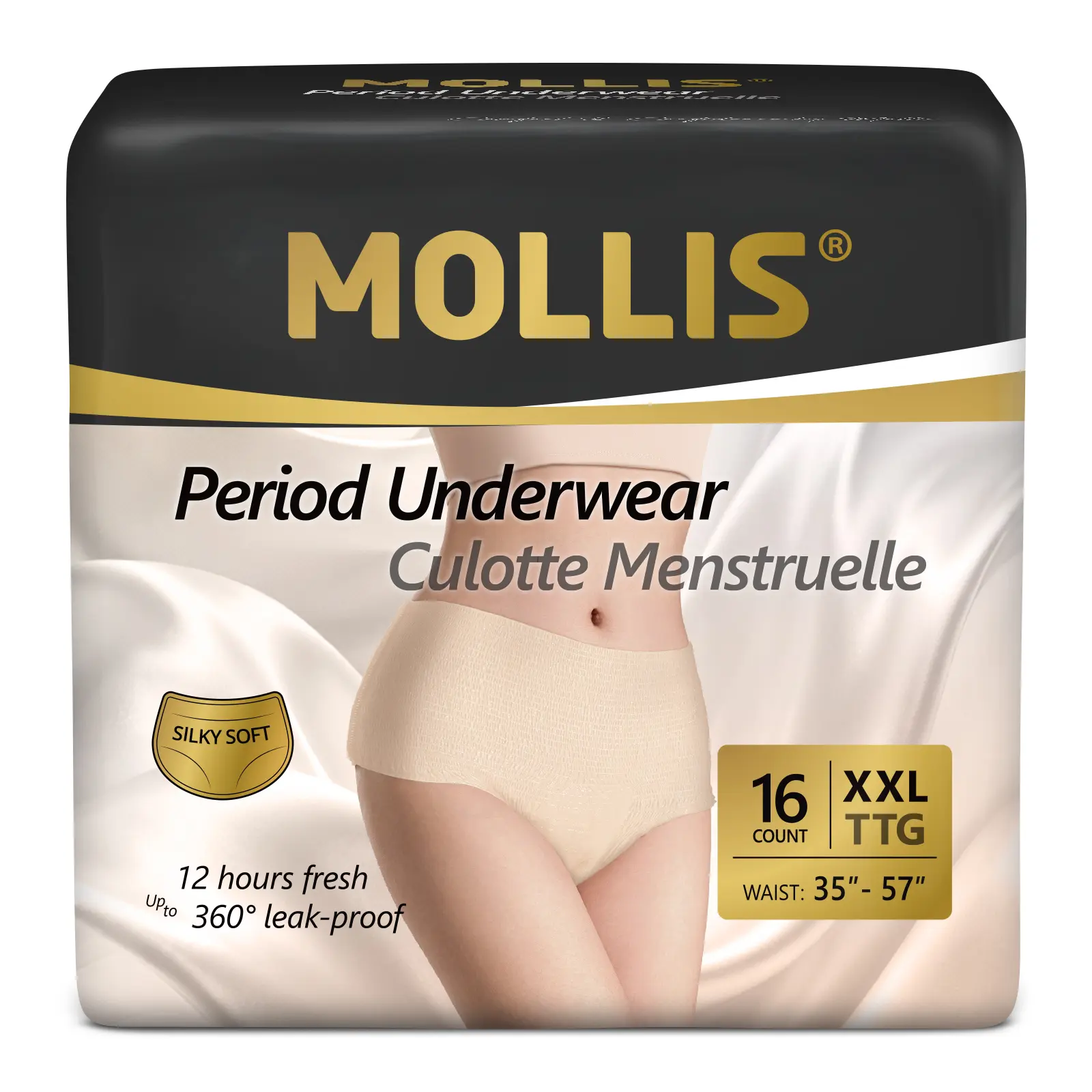 MOLLIS Women's Disposable Period Underwear, 16-Count Beige Soft Fabric, Leak-Proof Heavy Flow Panties, Waterproof, Super Absorbent, Unscented, Hypoallergenic, All Skin Types, Postpartum Incontinence Care Protectors, Single Item, Fragrance Free, Postpartum