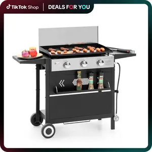 Kitchen Academy 27 Inch Flat Top Grill with Ceramic Coated Cast Iron Pan, 3-Burner Propane Gas, Nonstick Design, Stainless Steel Barbecue Home Food Kitchenware