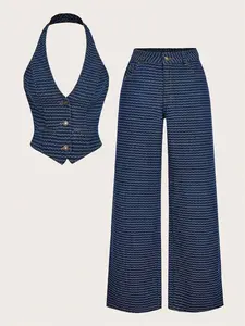 Sweetro Elegant Backless Halter Top And Jeans Pants Suit For Women