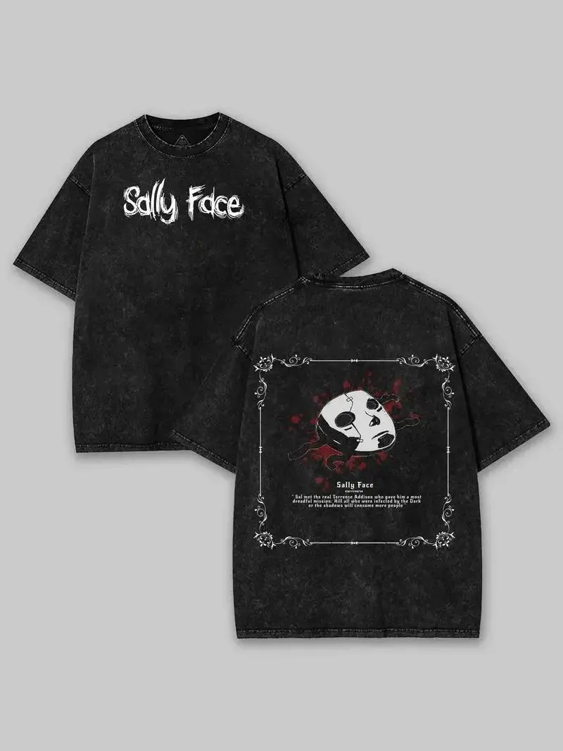 Vintage Washed Double Sided Sally Face Mask Horror Game Graphic Tee,Oversized Dark Indie Game Shirt,Y2K Grunge Horror Short Sleeve For Game Horror Fans Unisex Relaxed Fit Stylish Streetwear