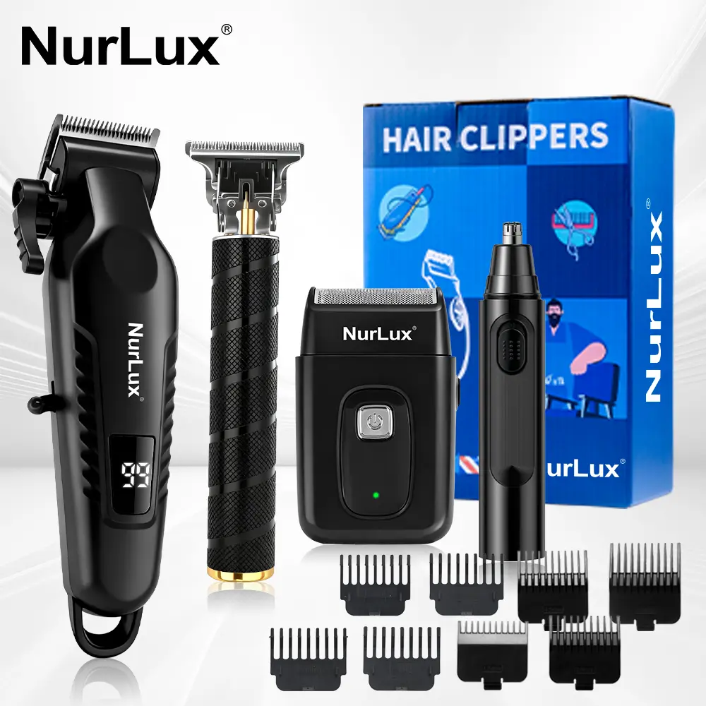 NurLux 4-in-1 Professional Hair Clippers Kit for Men – Cordless Grooming Set with Hair Trimmer, Shaver, Nose Hair Trimmer, Type-C Fast Charging, Sleek Design, Portable Travel Kit, Ideal Gift for Him Rechargeable USB