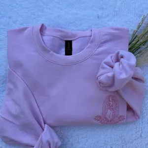Virgencita Sweater, Pink Virgen de Guadalupe Embroidered Crewneck