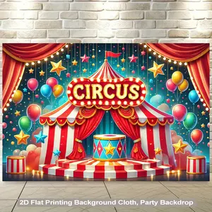 2D Flat, 1pc Circus Party Backdrop - Vibrant Circus Tent Design with Red & White Stripes, Balloons & Stars, Durable Polyester Fabric, No Electricity Needed, Easy to Hang for Indoor/Outdoor Events, Birthdays, Themed Parties & Photo Booths, Circus Theme