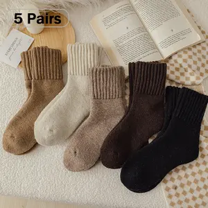 5 Pairs of Women's Winter Warm Ankle Socks - Extra Thick Collar, Neutral Colors (Beige/Brown/White/Light Brown/Dark Brown) | Soft and warm indoor/outdoor ankle socks, suitable for cold weather, hand washable, women's winter socks.