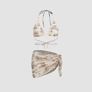 Women's Toile de Jouy Halter Bikini Set with Sarong, 9 Colors, Size 2-26