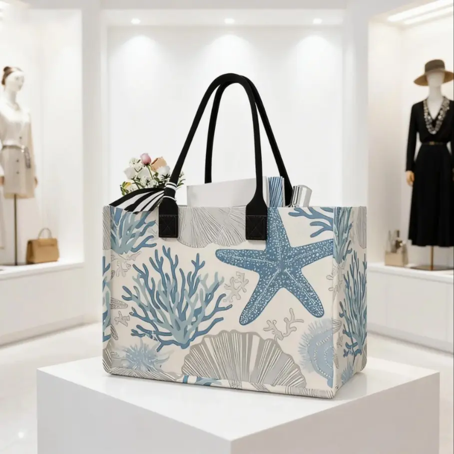Large Capacity Starfish Coral Print Storage Bag, Durable Handle, Space Saving Multi-Purpose, Ideal for School, Travel, Shopping, Lightweight Aesthetic Tote Bag, Beach Tote, Summer Bag