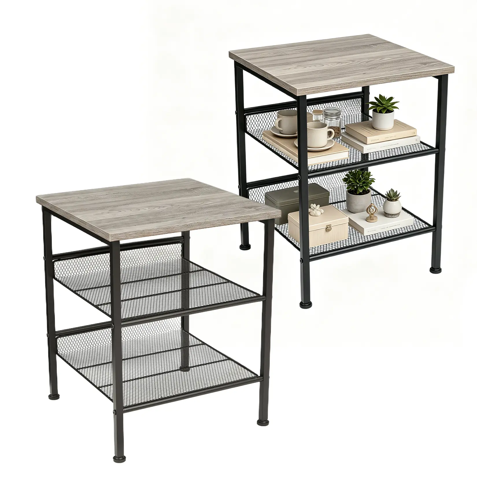 2-Piece Industrial 3-Tier Square End Table, Metal Frame Nightstand with Mesh Shelves for Living Room, Bedroom