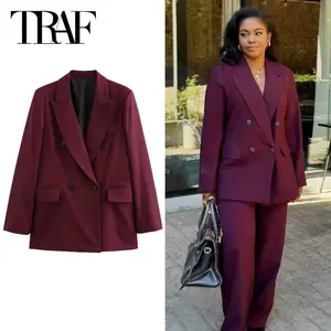 TRAF Burgundy Blazer Women's Blazer Office Wear Women Red Long Sleeve Blazer Women Fit Outerwears Fashion High Quality Blazers