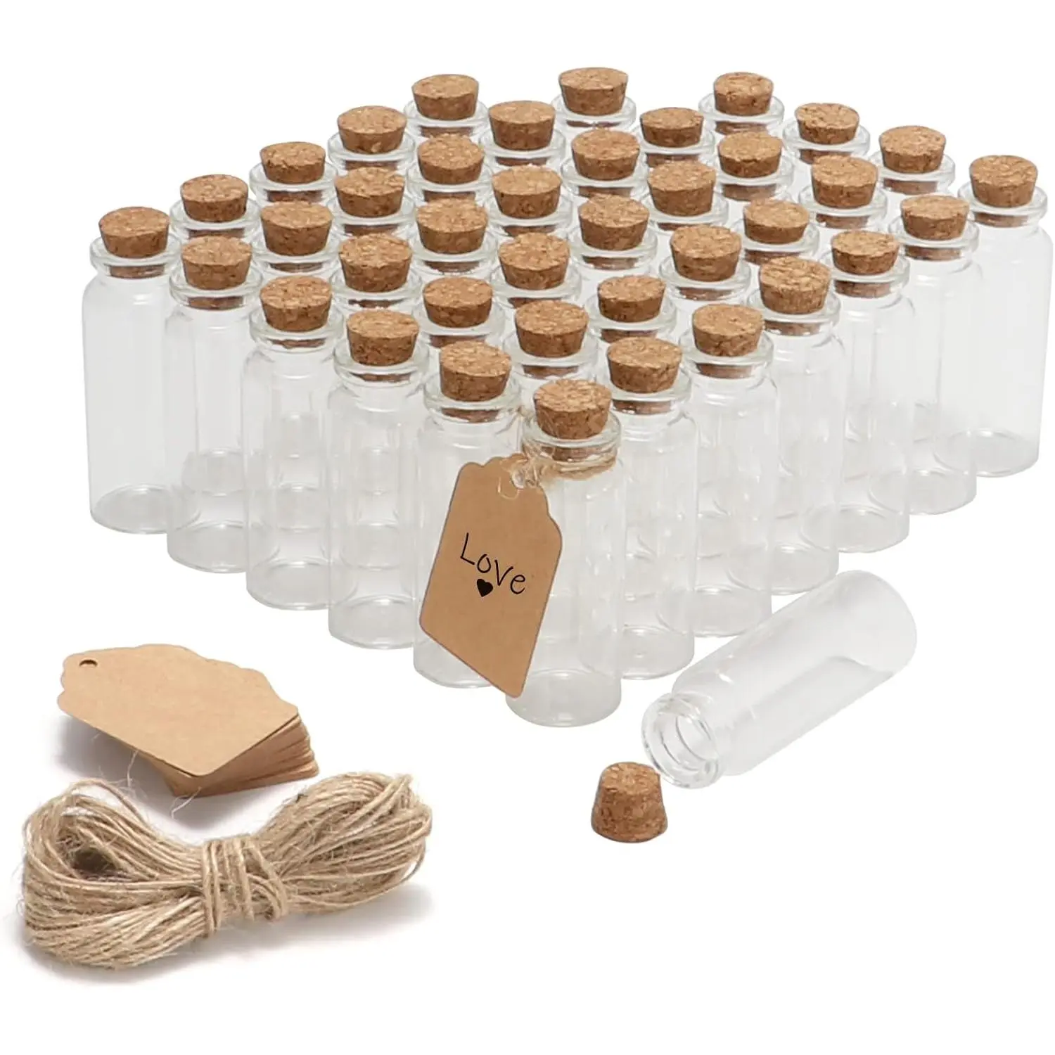 Bulk Pack 50-Count 20ml Mini Glass Storage Bottles with Cork Stoppers (29x64mm) - DIY Wedding Hawaiian Decoration Vials with Label Tags, String for Perfume, Arts Crafts, Party Favors, Glass Storage Bottles & Jars