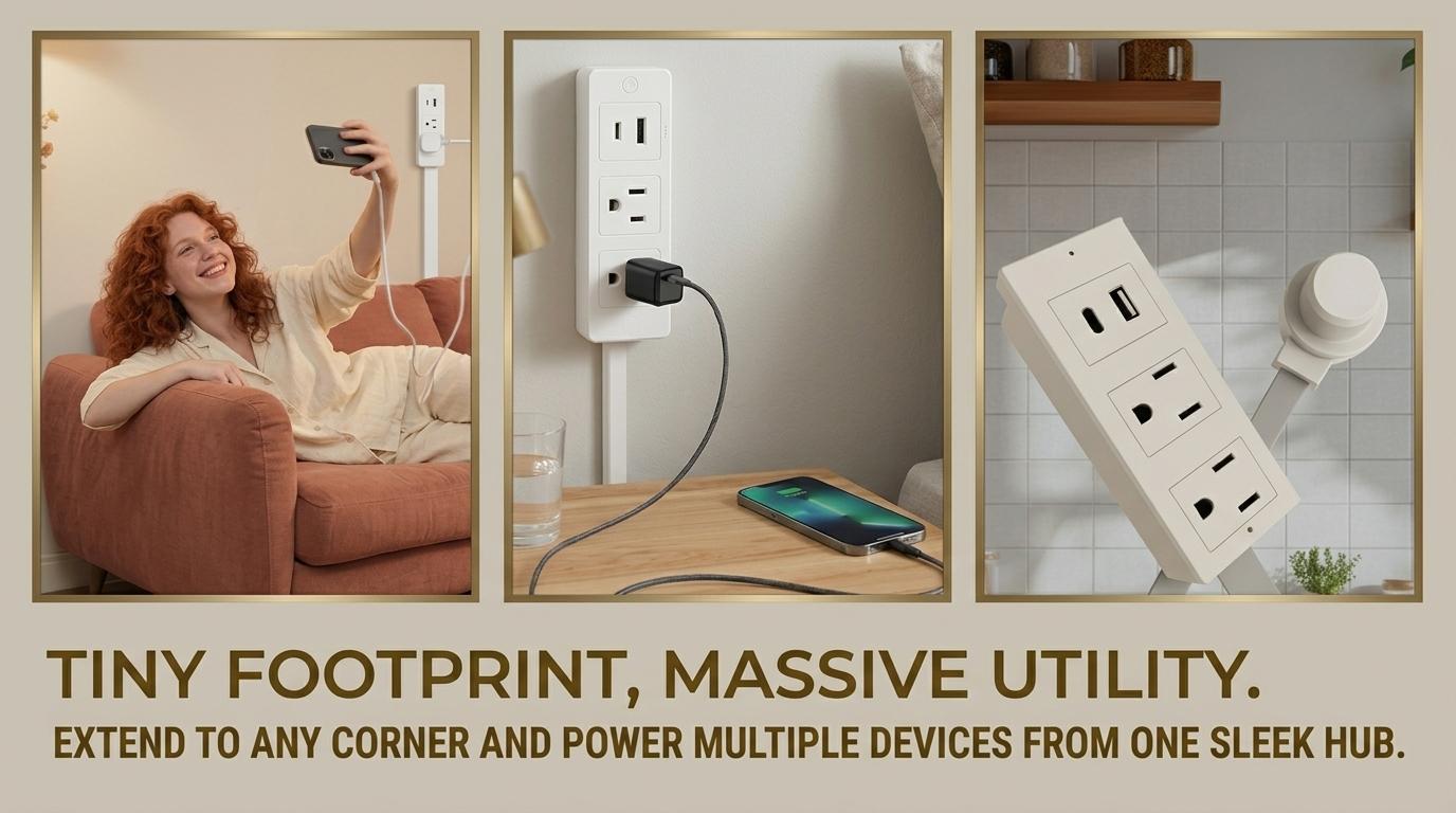 Outlet Extender Outlet electrical Mountable Multi Plug Wall Outlet, with USB-A USB-C & 2 AC, Extendable 22-34" Rotatable 180°, Surge Protector Power Strip,UL-certified power cord,ideal for behind furniture in home/office