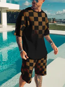 Men's plaid gradient print casual, stylish, Tropical and Fitted two-piece set, featuring a summer sporty crew neck short-sleeved top and drawstring shorts, suitable for outdoor and street wear.