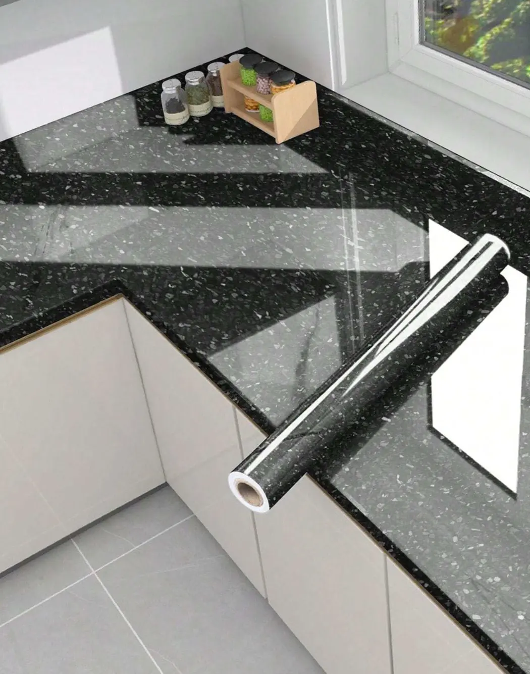Adhesive Marble Pattern Glossy Wallpaper - Geometric, Oil-Proof, Waterproof Sticker for Kitchen Countertops, Furniture Renovation; Detachable, No Power Supply Needed