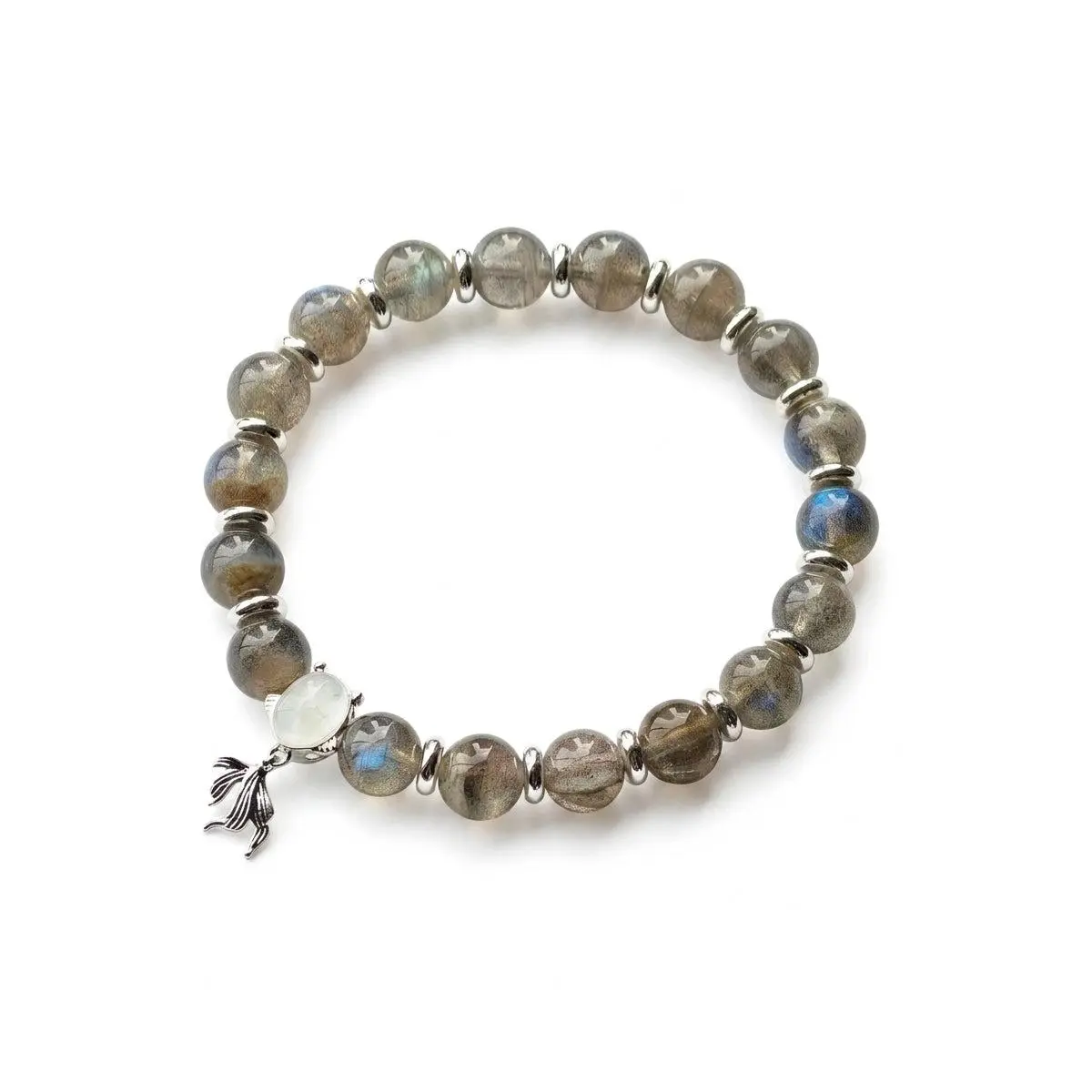 Women's Genuine Grey Moonstone Round Beaded Stretch Bracelet - Silver Goldfish Charm, 16-18cm, for Intuition, Recovery, Emotional Balance, Health & Healing, Gentle Renewal, Water Energy, Adult Females