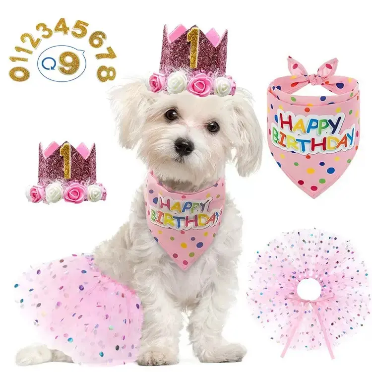 Dog Birthday Party Supplies, Dog Birthday Bandana Set, Pet Birthday Costume Accessories, Dog Birthday Hat with Numbers Bandana Bow Tie for Small Dogs Pets