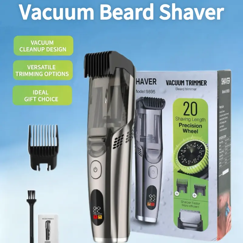 Men's 2-in-1 Rechargeable Wireless Vacuum Beard Groomer - Stainless Steel Body, IPX6 Water Resistant, 2 Adjustable Combs, Mustache Care, Cleansing, Smooth Shave, Hair Removal Trimmer, Daily Care, Mens Gifts for Father/Husband