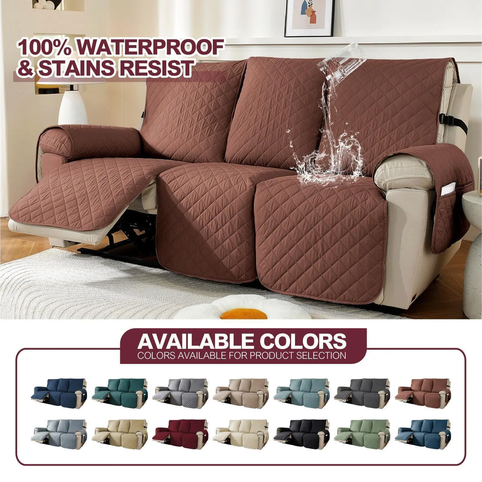 100% Polyester Fiber Recliner Chair Cover - Durable, Foldable, Waterproof, Nonslip, Adjustable Elastic Straps, Washable, Stain-Resistant Fabric for Busy Homes, Removable Chair Cover Slipcover Sets with Pocket, Classic Home Furniture Protector for Pets