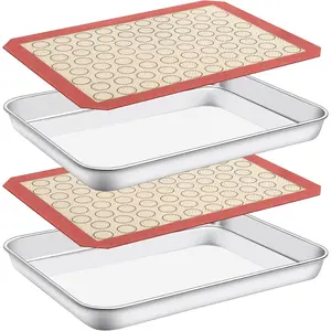 Sheet with Silicone Mat Set of 4 [2 Sheets + 2 Mats], Stainless Steel Cookie Sheet Baking Pan with Silicone Baking Mat, 10 x 8 x 1 Inch, Non Toxic, Heavy Duty, Easy Clean